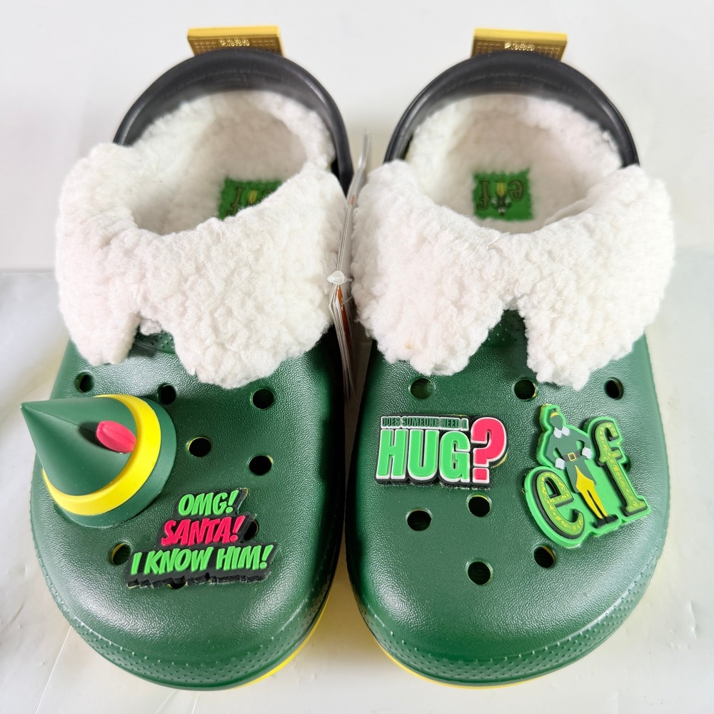 Crocs Elf Classic Lined Clog Kids C13 Holiday Green Yellow Fuzz Lined NWT
